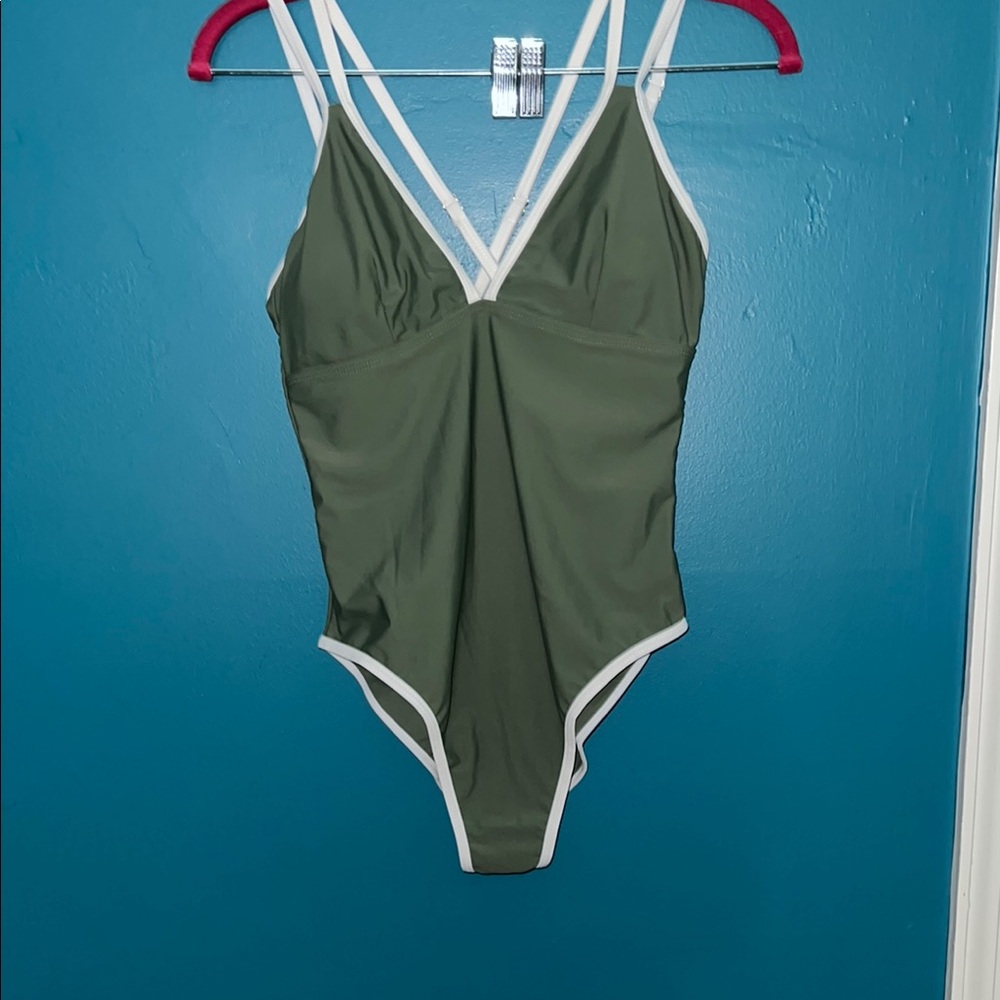 Green One-Piece Swimsuit with White Trim